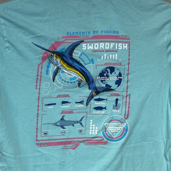 Columbia Mens PFG Short Sleeve Blue/Teal Shirt L Teal‎ Logo Elements of Fishing - Picture 5 of 6